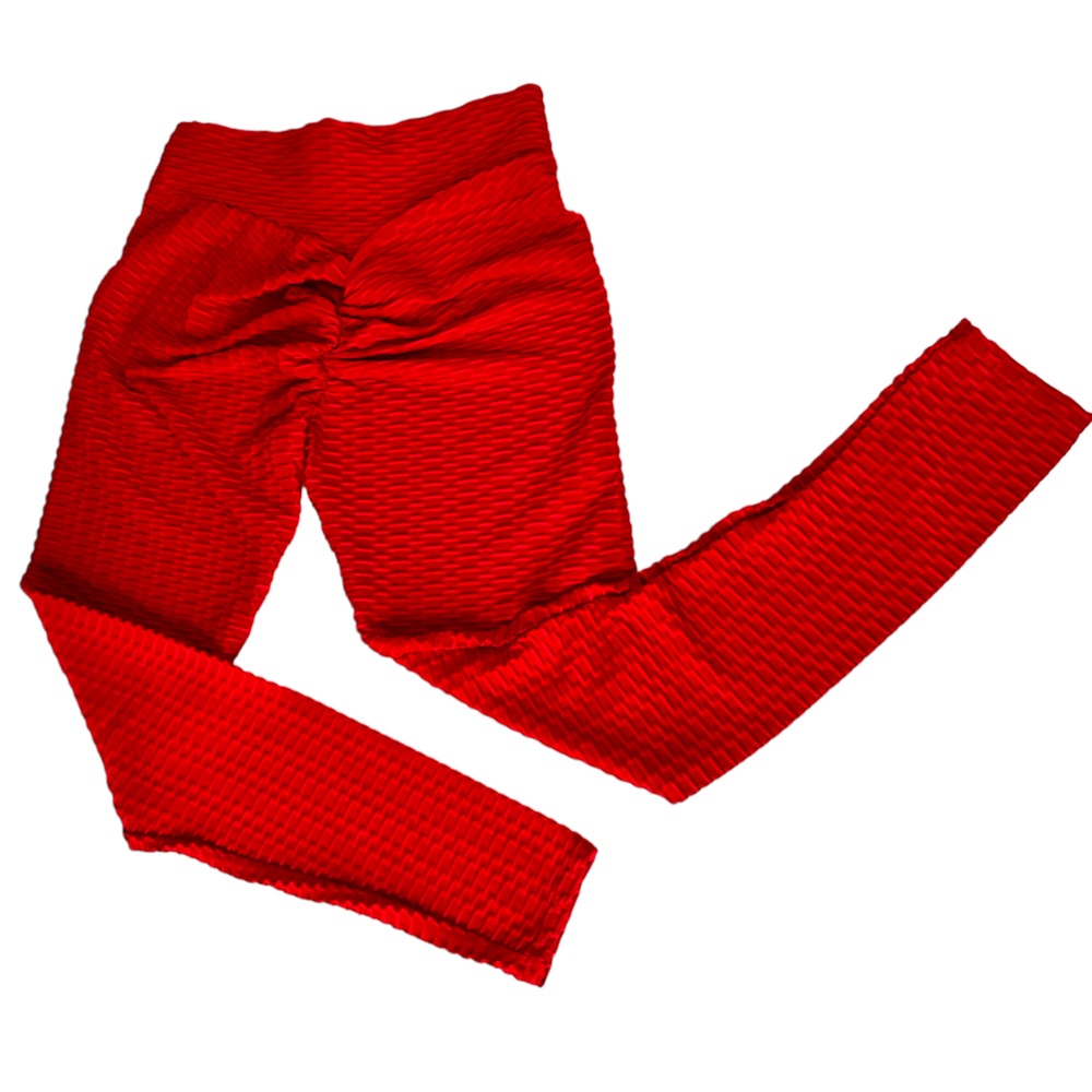 Yoga pants high stretch red textured, ruching at back to flatter figure Large - Picture 2 of 9